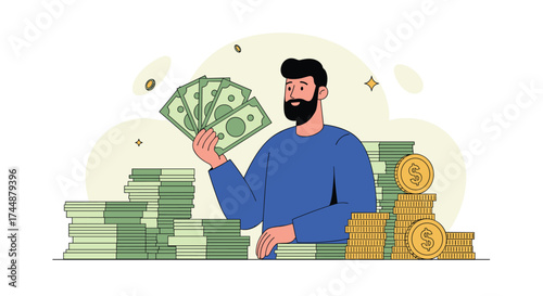 A man is holding cash in his hand while standing next to stacks of money.