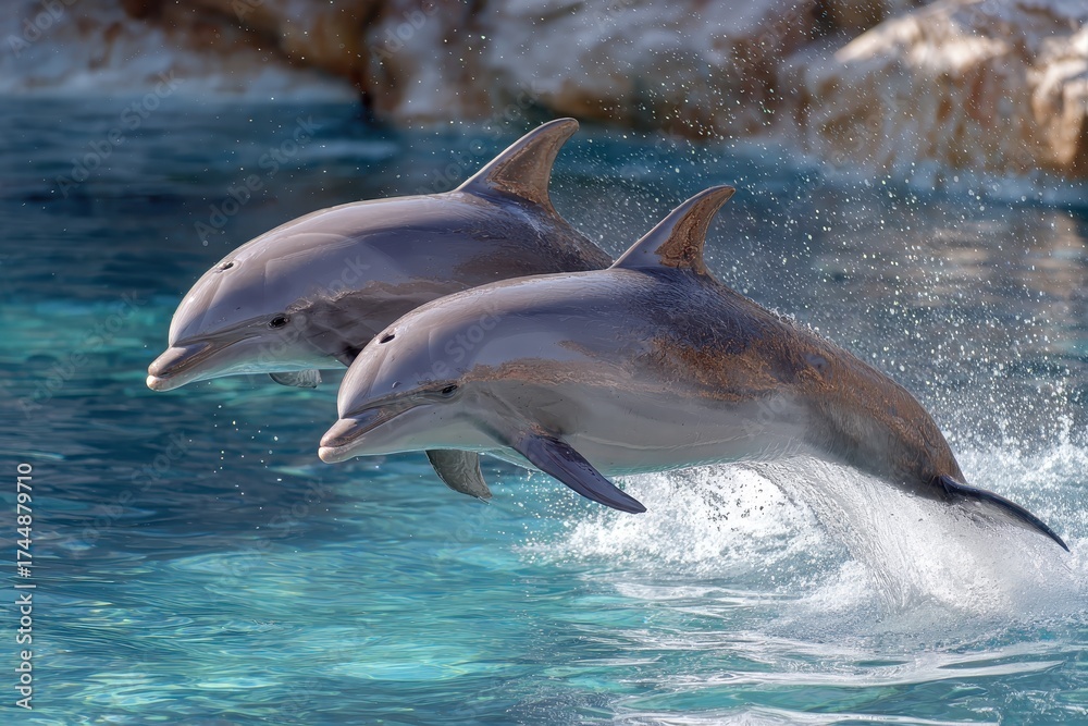Fototapeta premium Dolphins leap gracefully from the water in synchronized harmony during a brilliant day under the sun at a vibrant marine habitat
