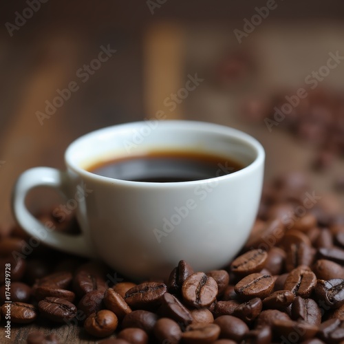 A white coffee cup with a dark brown liquid in it sits on a table with a pile of