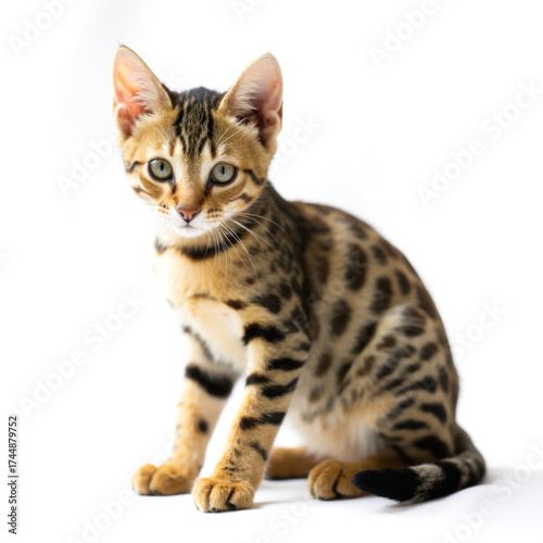 A cat with a greenish-blue eye sits on a white background