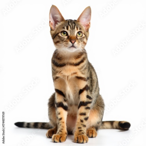 A cat with stripes on its body is sitting on a white background