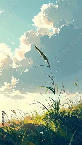 Lush Green Grass Field Under a Bright Blue Sky with Fluffy Clouds and Golden Sunlight.