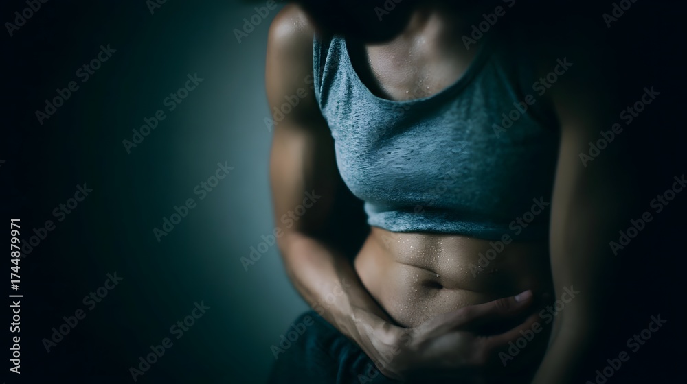 Naklejka premium Close up of a sweaty fit person s torso holding their abdomen in a dimly lit dramatic setting