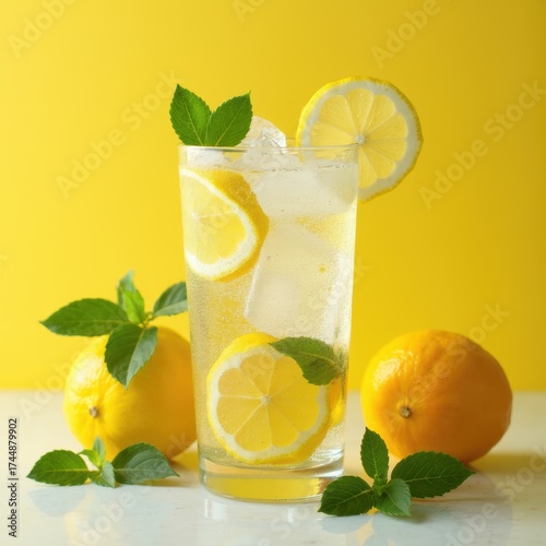 A glass of lemonade with ice cubes and lemon slices