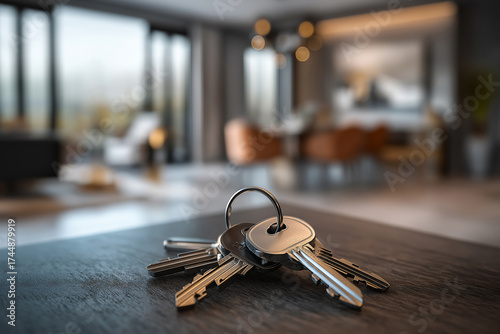 Interior of new house, apartment or hotel room with keys on the table