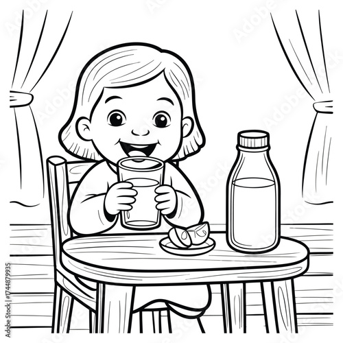 The line art illustration shows an Arab little girl sitting and happily drinking a glass of milk
