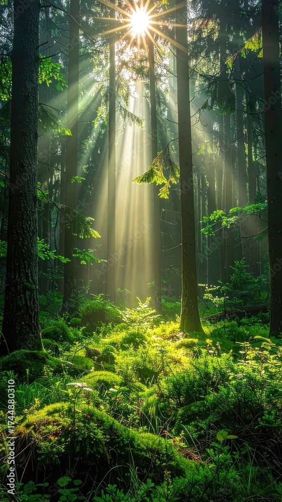 Obraz premium Sunlight streams through a dense forest canopy, illuminating lush green undergrowth