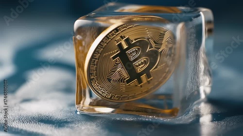 Bitcoin Frozen in Ice Cube Concept