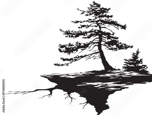 Resilient Pine Tree with Exposed Roots Clinging to a Cliff Edge