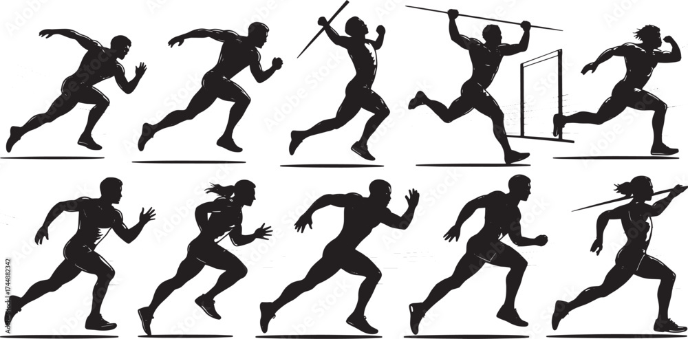 Obraz premium Dynamic Track and Field Athlete Silhouettes: Runner, Javelin, and Hurdle Sprinter Poses Vector Collection