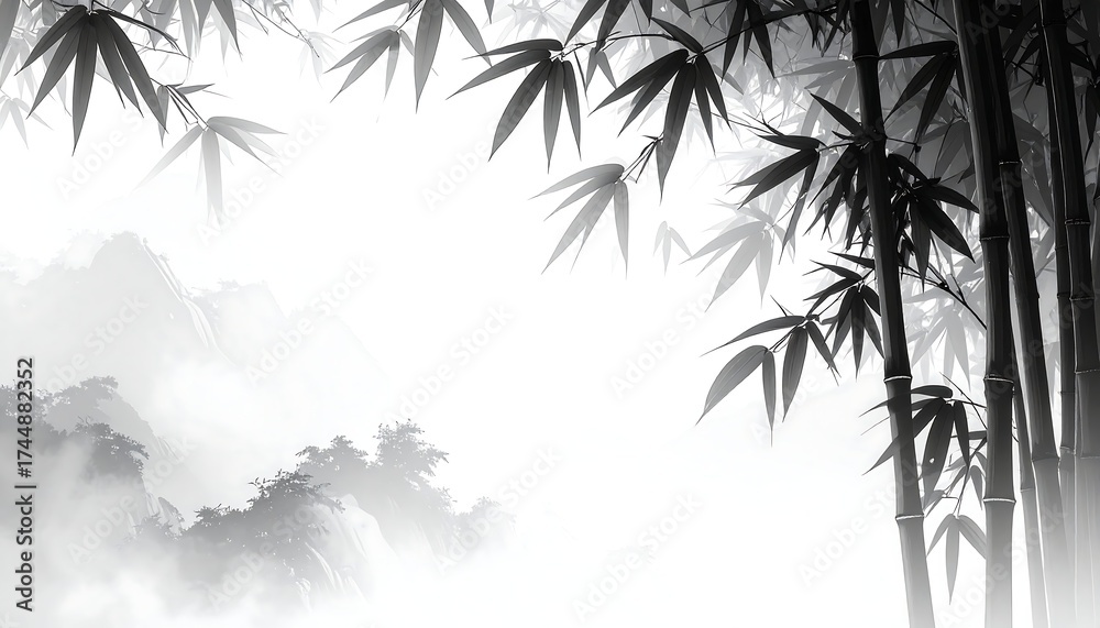 Naklejka premium Minimalist Black and White Bamboo Landscape - The monochrome tones and soft gradients create a peaceful, zen-inspired composition