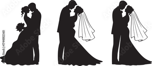 Romantic Wedding Couple Silhouette: Bride and Groom Kissing and Embracing Love Ceremony Vector Illustration

