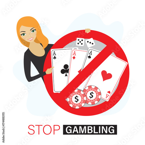 Gambling addiction, ludomania, smart woman holding a red prohibition sign with playing cards. Stop gambling dependence, quit casino and betting. Cards are prohibited.