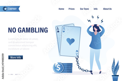 Gambling addiction, ludomania, angry player woman chained playing cards. Stop gambling dependence, quit casino and betting. Landing page template.