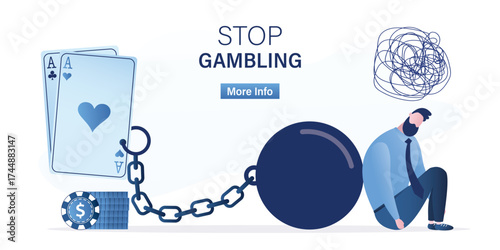 Gambling addiction, ludomania, angry player man chained playing cards. Stop gambling dependence, quit casino and betting. Landing page template. Slave to game