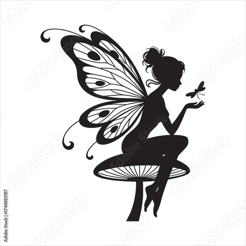  Fairy silhouette sitting. This image shows a fairy sitting gracefully with wings extended, embodying fantasy and enchantment in a delicate artistic style. Vector clipart black illustration design.