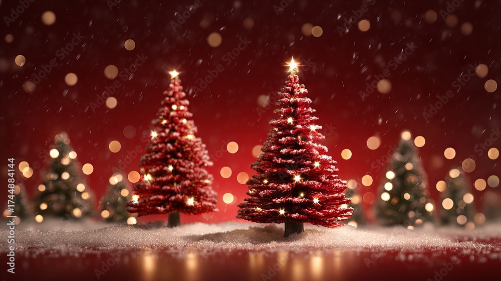 Obraz premium Red Christmas background with sparkling bokeh and xmas tree on canvas festive winter holiday backdrop Merry Christmas and Happy New Year card template with copy space