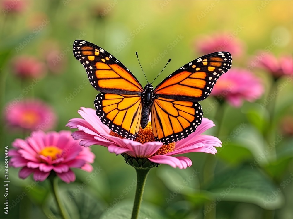 Fototapeta premium Butterfly on Pink Flower in Blooming Field with Soft Green Background