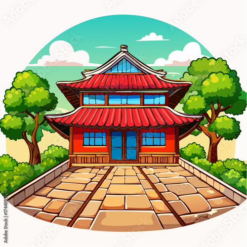 Traditional Korean house courtyard features stone pathways and tiled roofs