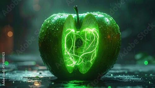Energetic Green Apple with Luminous Core and Water Droplets