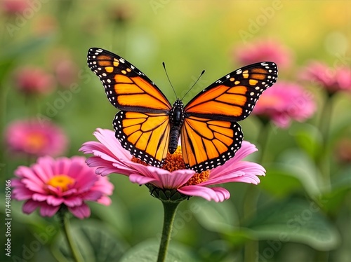 Butterfly on Pink Flower in Blooming Field with Soft Green Background