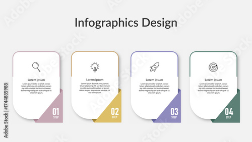 Modern infographic design template with 4 steps in colorful boxes. Includes icons for search, idea, launch, and target. Ideal for business presentations, education, workflow, and project planning.