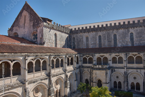 Architectural view of the Alcobaca Monastery from the upper gallery with Gothic arches and natural light