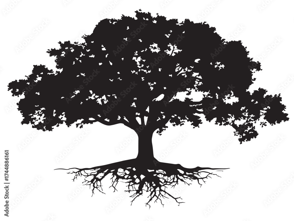 Fototapeta premium Striking Black Illustration of a Dark Oak Tree Anchored by Roots