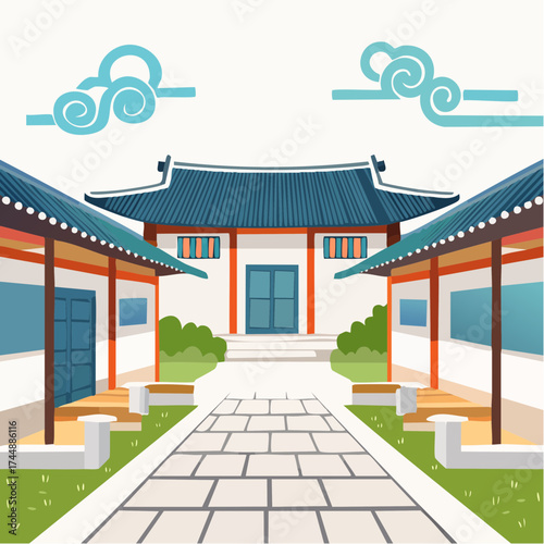 Traditional Korean house courtyard features stone pathways and tiled roofs
