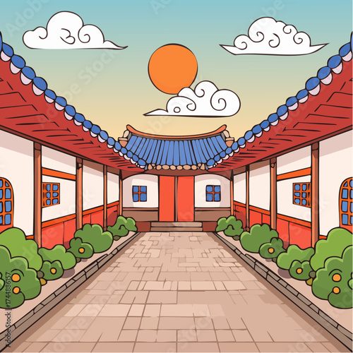 Traditional Korean house courtyard features stone pathways and tiled roofs