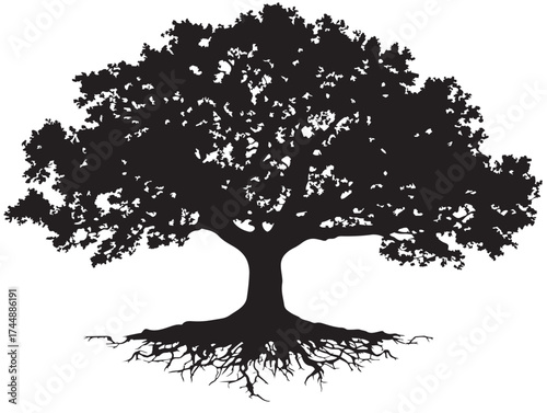 Gothic and Majestic Dark Oak Tree with Visible Roots Vector Art