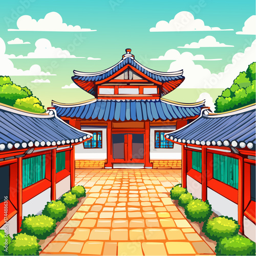 Traditional Korean house courtyard features stone pathways and tiled roofs