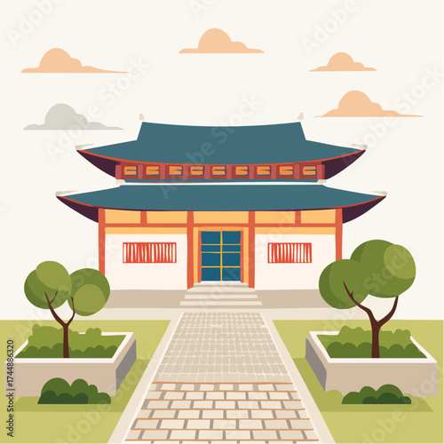 Traditional Korean house courtyard features stone pathways and tiled roofs