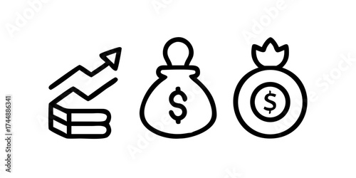 A graphic showing an upward trend line with money bags representing financial growth and investment