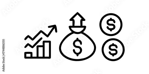 Illustration of financial growth chart money bag and dollar coins indicating profit and investment success