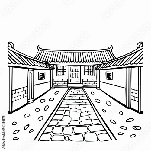 Traditional Korean house courtyard features stone pathways and tiled roofs