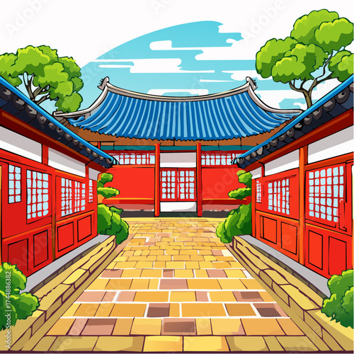 Traditional Korean house courtyard features stone pathways and tiled roofs