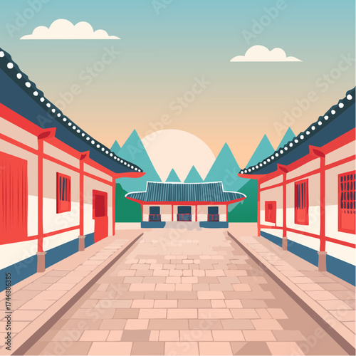 Traditional Korean house courtyard features stone pathways and tiled roofs