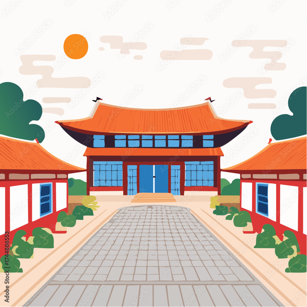 Fototapeta premium Traditional Korean house courtyard features stone pathways and tiled roofs