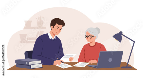 A flat design illustration depicting a younger adult assisting an elderly parent with health-related paperwork, symbolizing the crucial role of family support in senior health management.