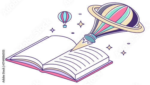 Open book with a rocket balloon and a hot air balloon floating in a starry sky illustration art