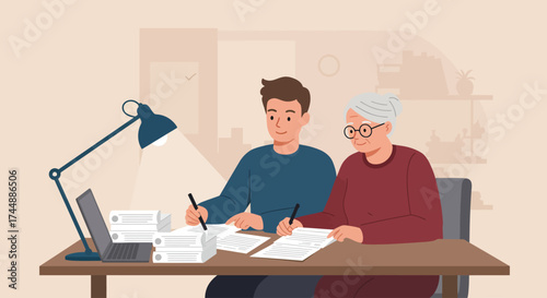 A flat design illustration depicting a younger adult assisting an elderly parent with health-related paperwork, symbolizing the crucial role of family support in senior health management.