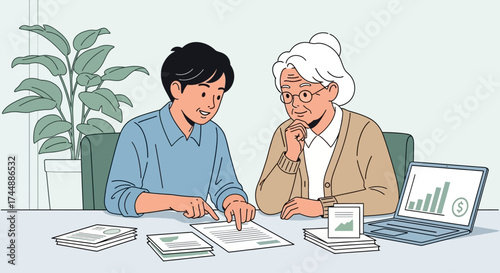 A flat design illustration depicting a younger adult assisting an elderly parent with health-related paperwork, symbolizing the crucial role of family support in senior health management.