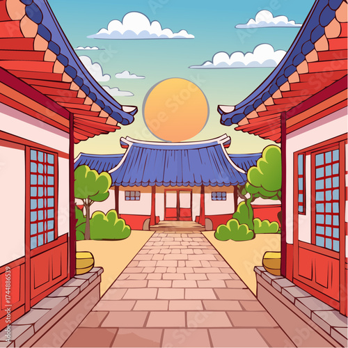 Traditional Korean house courtyard features stone pathways and tiled roofs