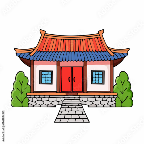 Traditional Korean house courtyard features stone pathways and tiled roofs