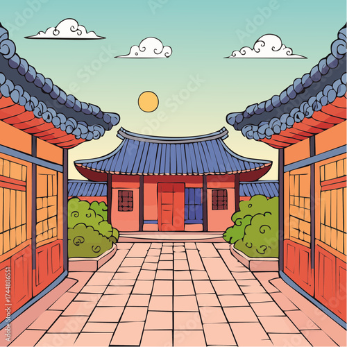 Traditional Korean house courtyard features stone pathways and tiled roofs