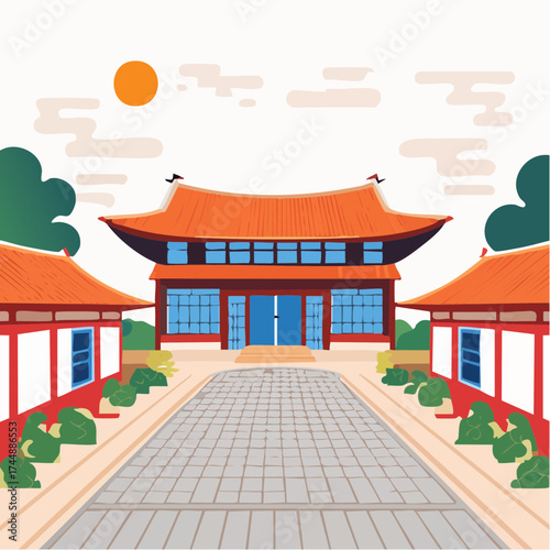 Traditional Korean house courtyard features stone pathways and tiled roofs