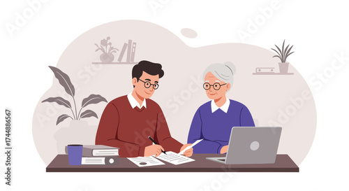 A flat design illustration depicting a younger adult assisting an elderly parent with health-related paperwork, symbolizing the crucial role of family support in senior health management.