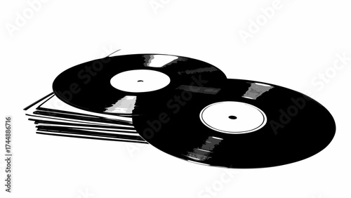A stack of vinyl records with two records prominently displayed in the foreground in black and white style
