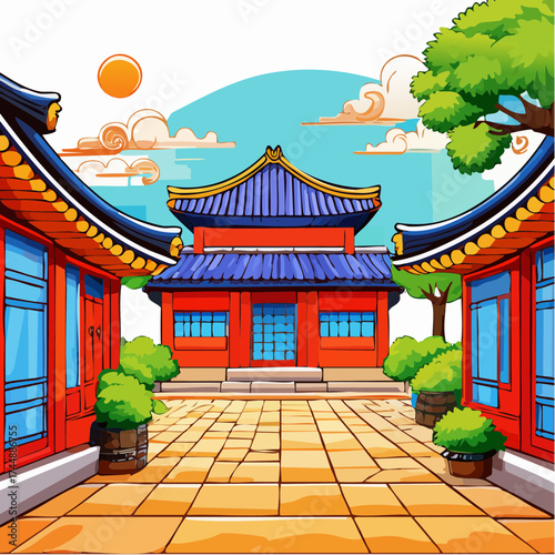Traditional Korean house courtyard features stone pathways and tiled roofs